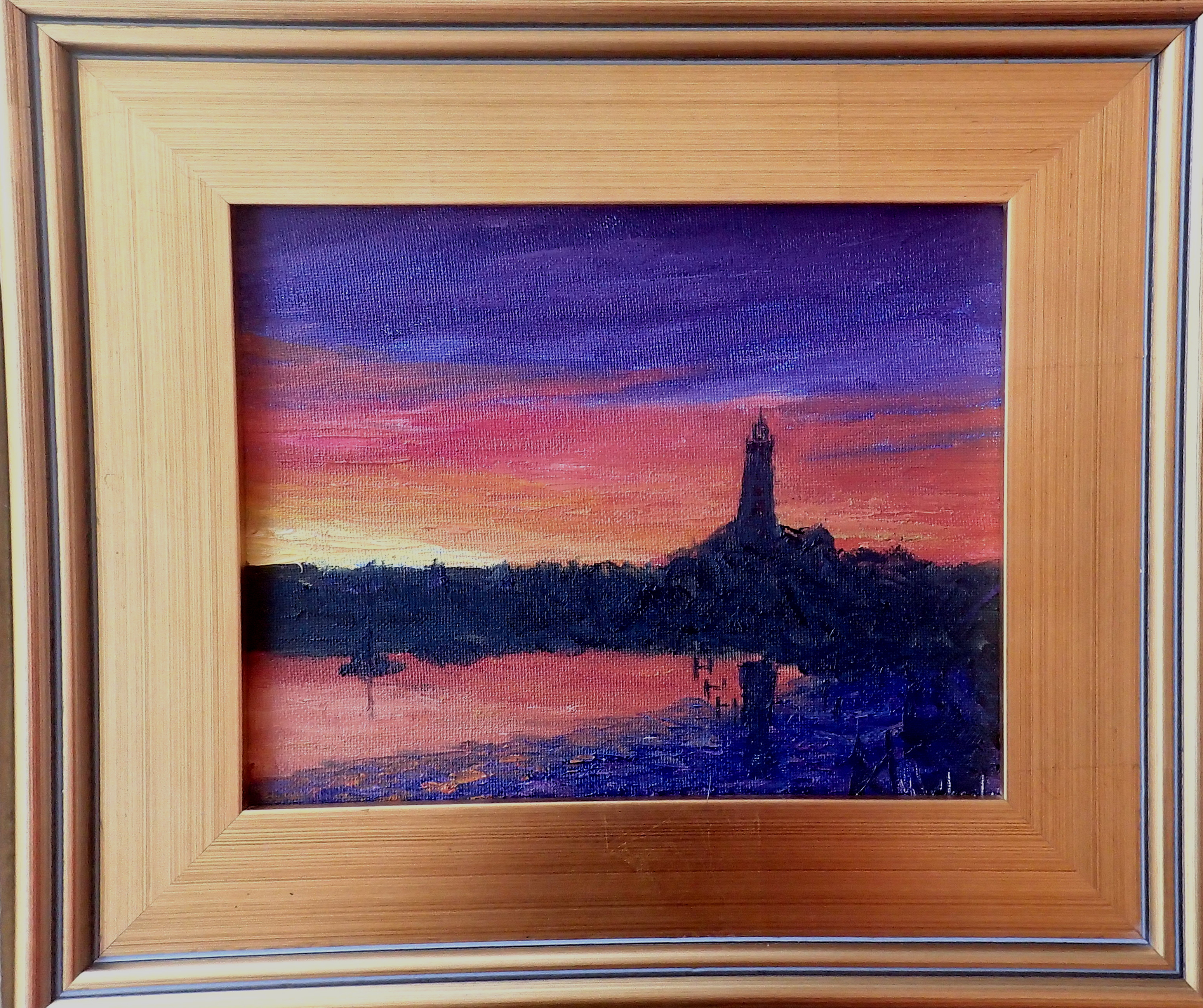 © Marlee Mason 8x10 Original Oil Painting on Canvas   This is a painting of Hope Town Harbour from photograph as darkness looms on a village with the only source of light the sunlight.  Sunset arrive